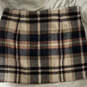 Plaid Wool Blend Skirt - Black and Tan